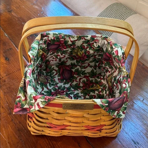 Longaberger Basket with Floral Liner and Wooden Handle - Picture 3 of 10